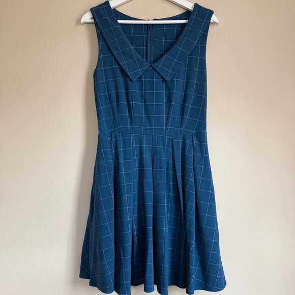 Apricity Windowpane Plaid Checked Retro Sunday Dress Blue Dapper Women’s M - Picture 2 of 8